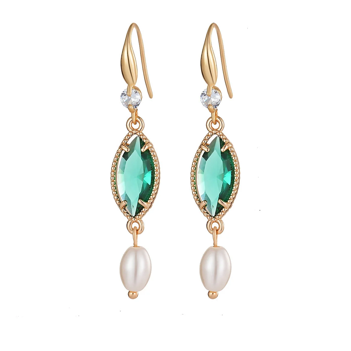 Emerald Marquise Crystal & Pearl Goldtone Hook Earrings