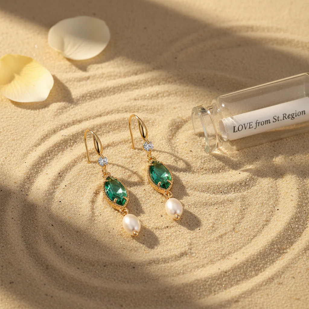 Emerald Marquise Crystal & Pearl Goldtone Hook Earrings - Image 2