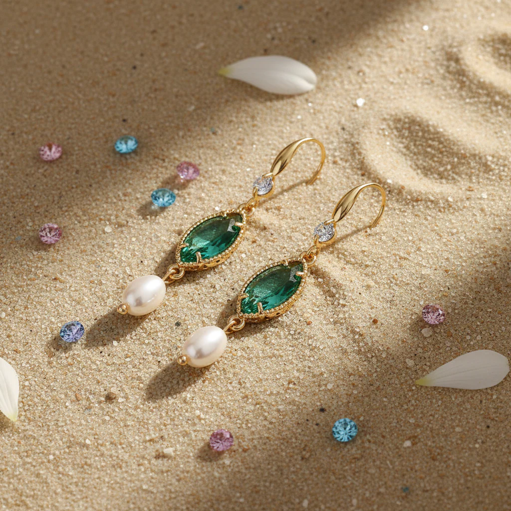 Emerald Marquise Crystal & Pearl Goldtone Hook Earrings - Image 4