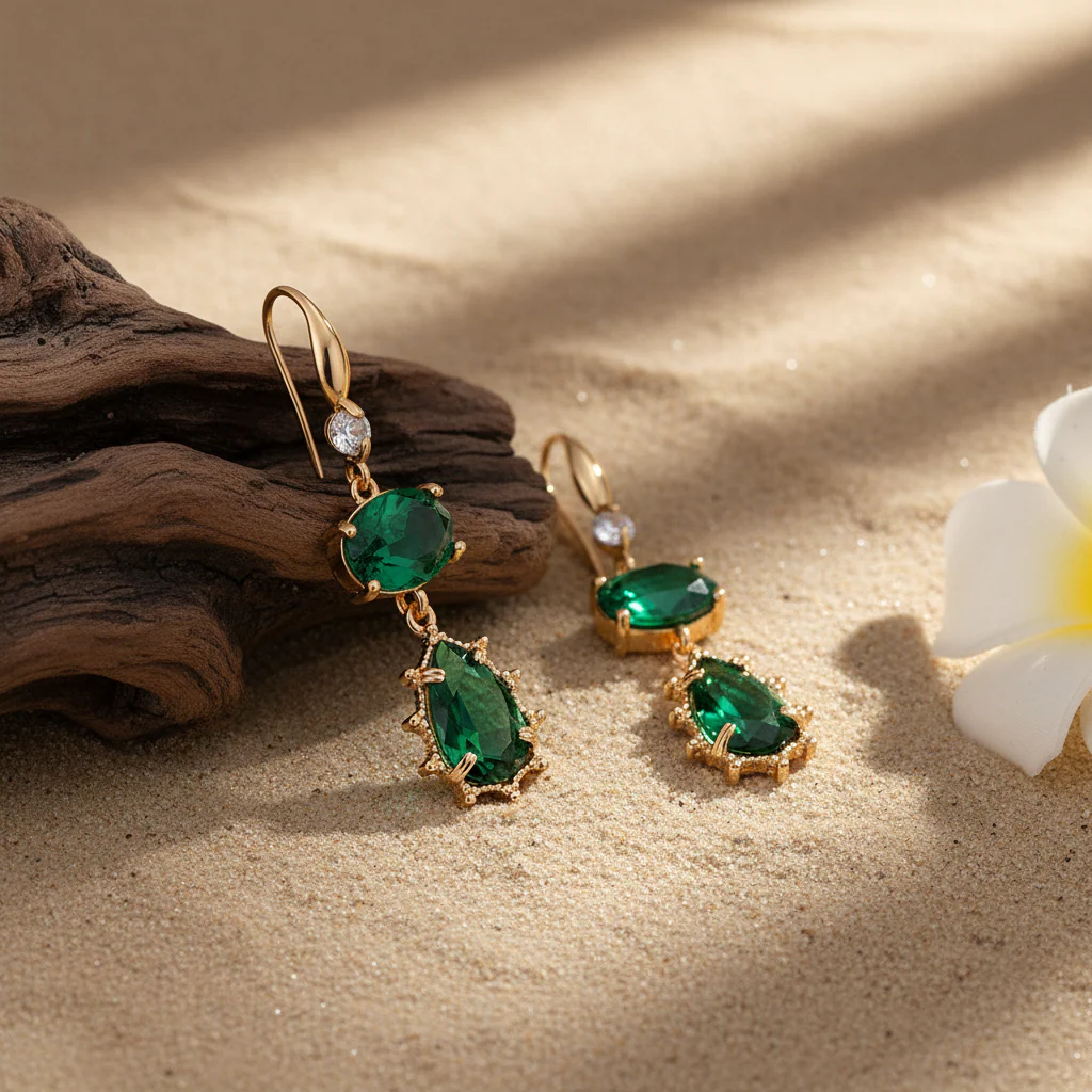 Emerald Crystal & Cubic Zirconia Goldtone Tiered Oval Pear Hook Earrings - Image 3