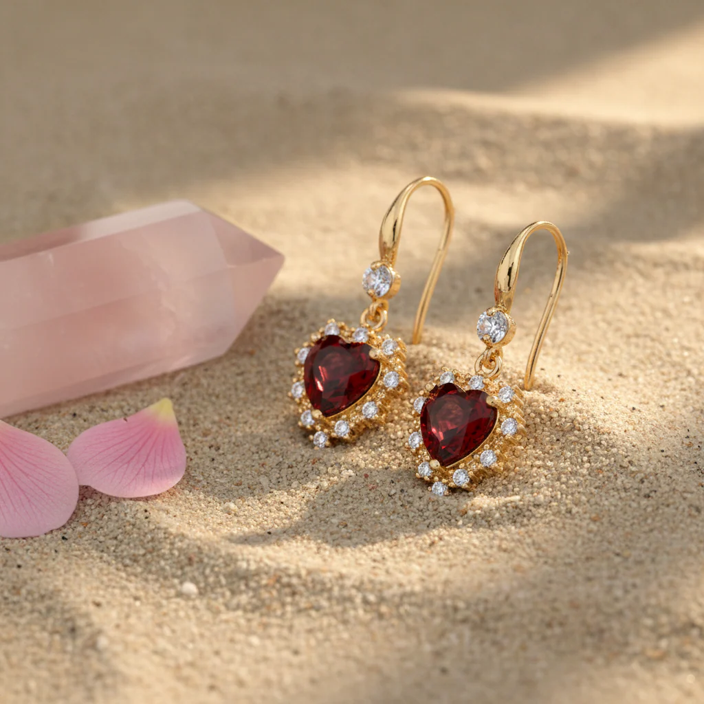 Red Crystal & Cubic Zirconia Goldtone Heart Hook Earrings - Image 4