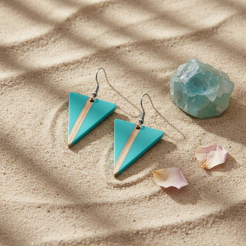 Light Blue Resin & Wood Silvertone Triangle Hook Earrings - Image 3
