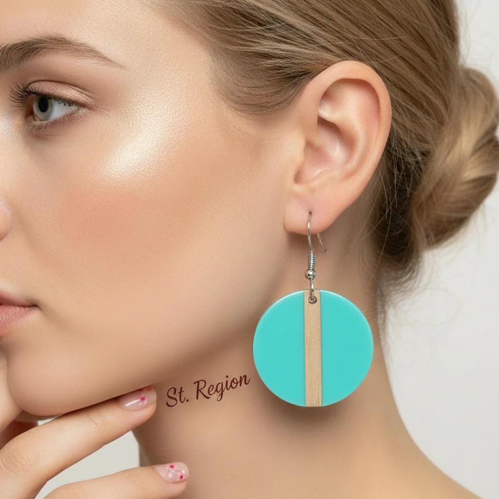 Light Blue Resin & Wood Silvertone Round Hook Earrings - Image 5