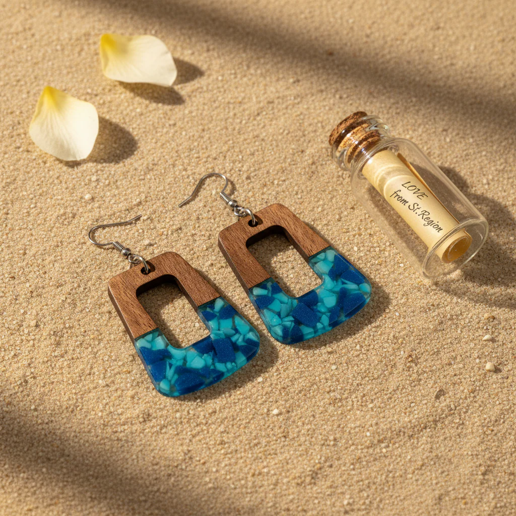 Navy Resin & Wood Silvertone Leopard Print Trapezoid Hook Earrings - Image 2