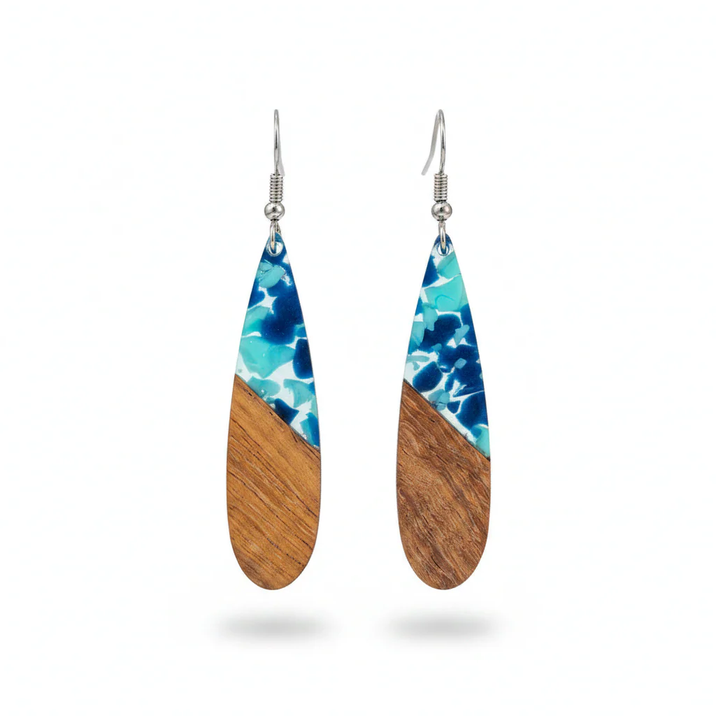 Navy Resin & Wood Silvertone Leopard Print Drop Hook Earrings