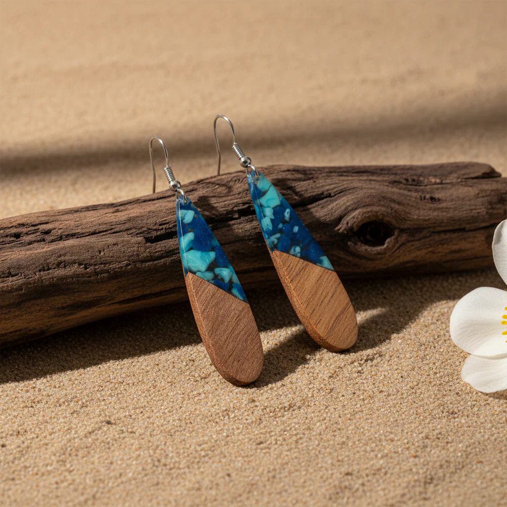 Navy Resin & Wood Silvertone Leopard Print Drop Hook Earrings - Image 3