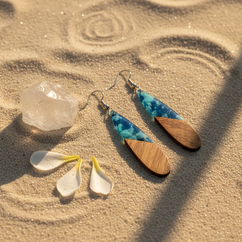 Navy Resin & Wood Silvertone Leopard Print Drop Hook Earrings - Image 4