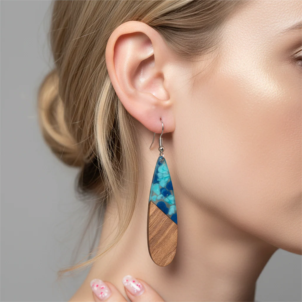 Navy Resin & Wood Silvertone Leopard Print Drop Hook Earrings - Image 5