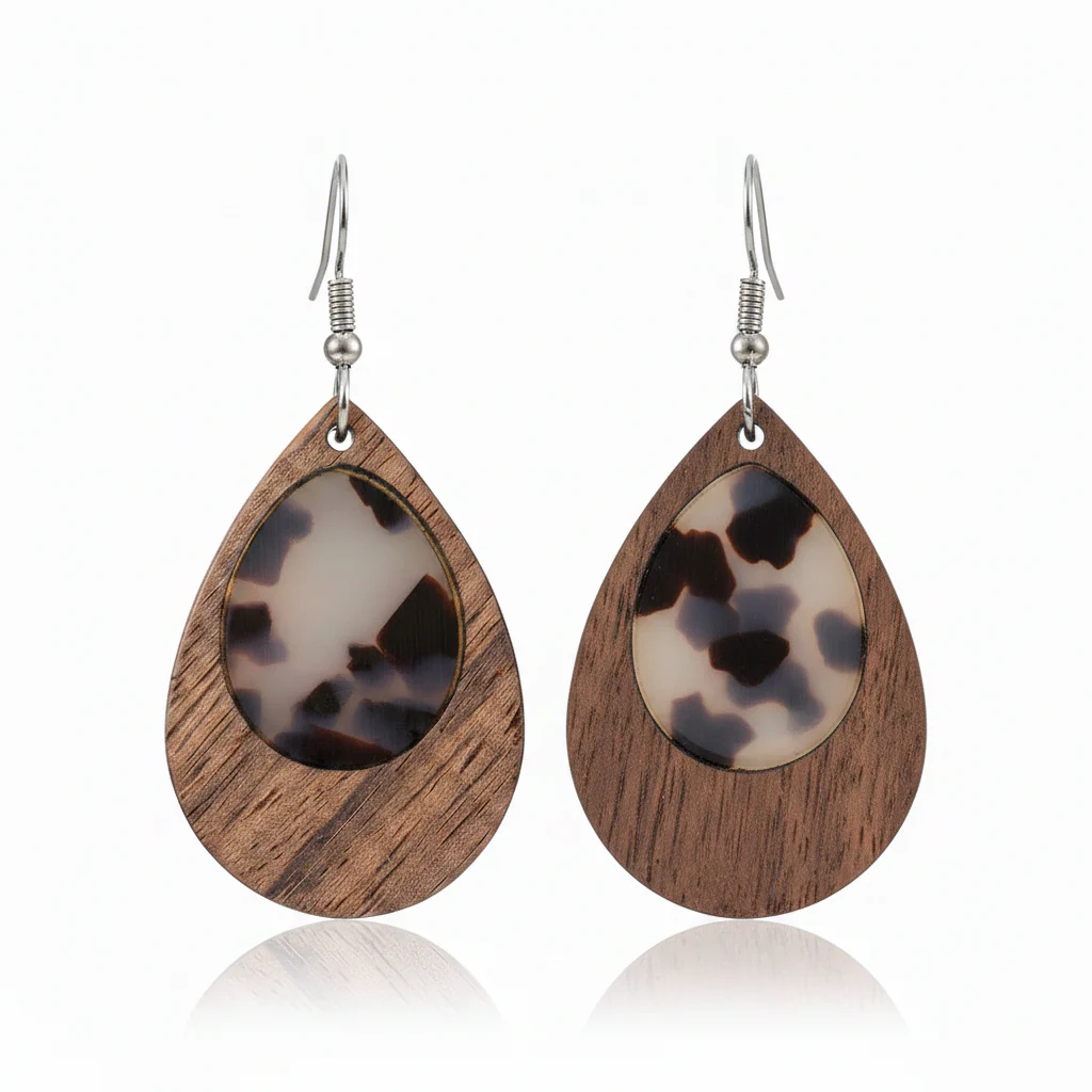 Brown Resin & Wood Silvertone Leopard Print Teardrop Hook Earrings