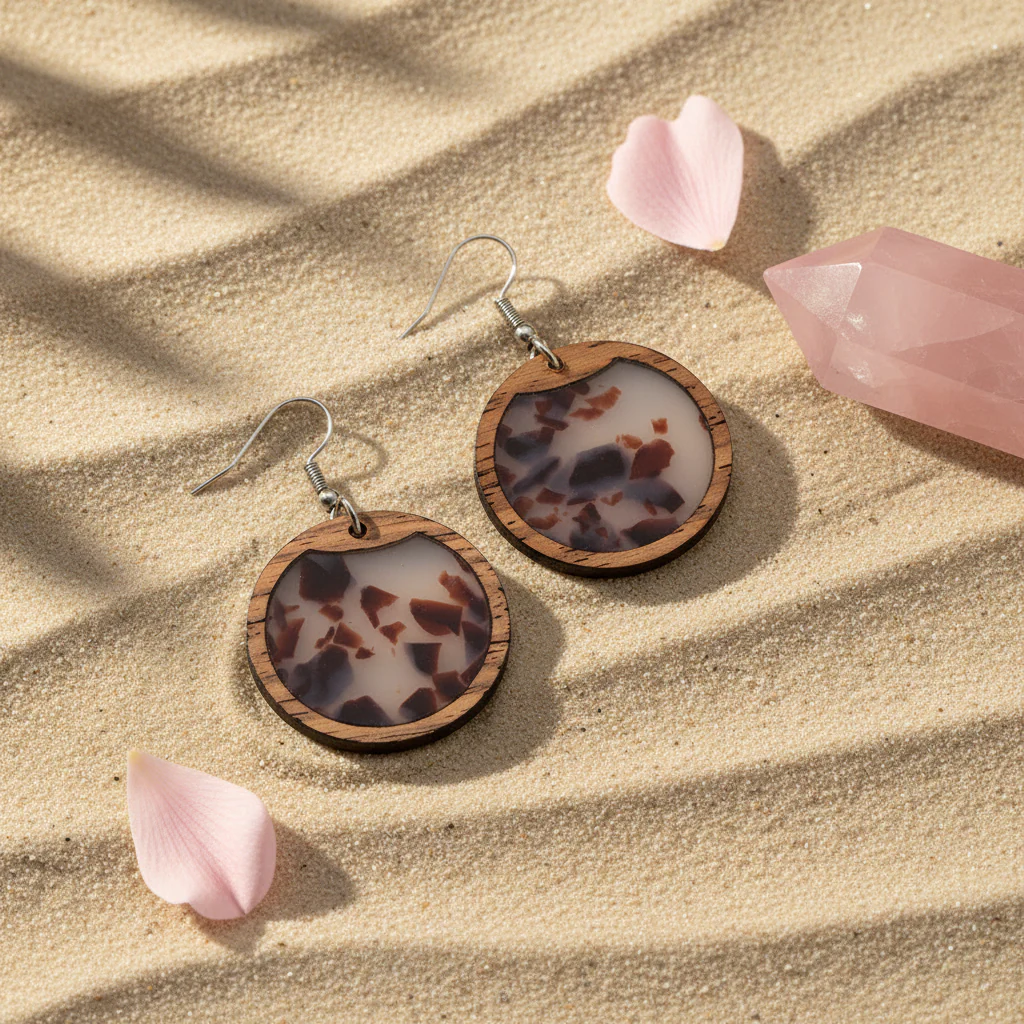 Brown Resin & Wood Silvertone Leopard Print Circular Hook Earrings - Image 2