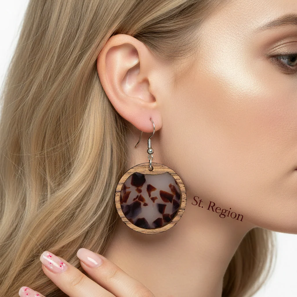 Brown Resin & Wood Silvertone Leopard Print Circular Hook Earrings - Image 5