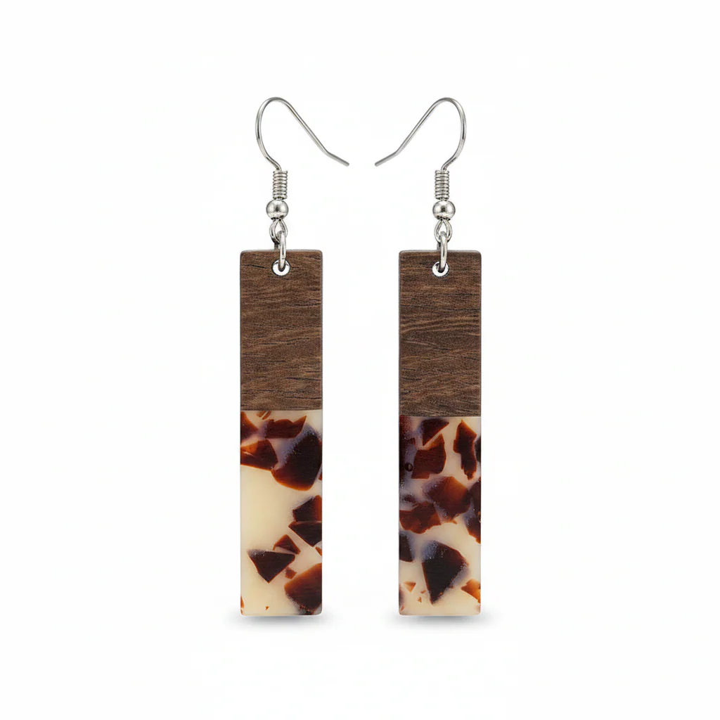 Brown Resin & Wood Silvertone Leopard Print Bar Hook Earrings