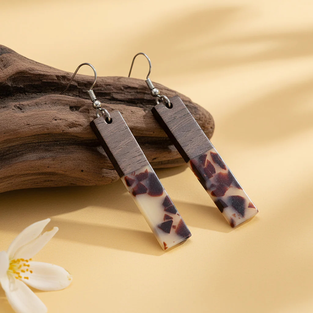 Brown Resin & Wood Silvertone Leopard Print Bar Hook Earrings - Image 3