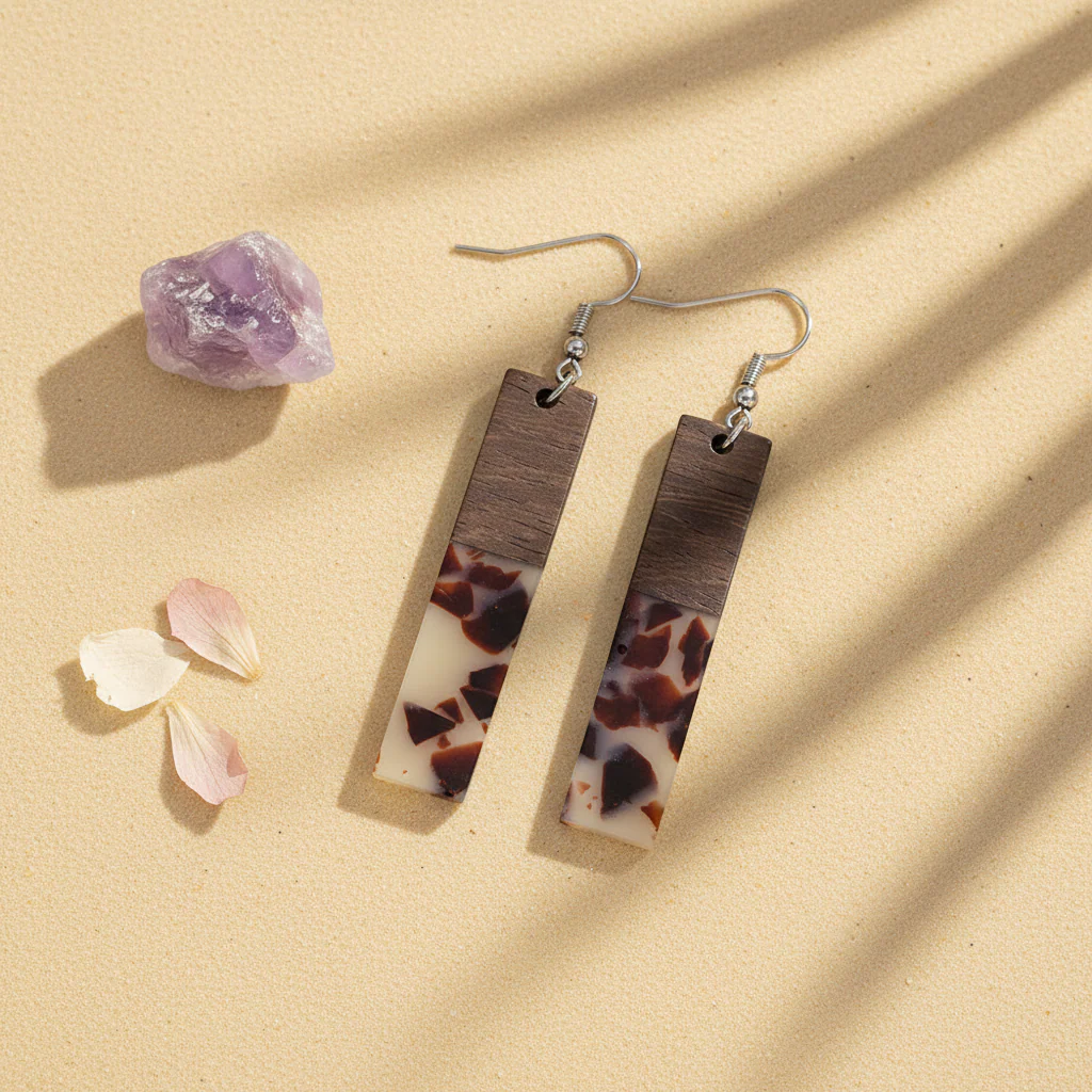 Brown Resin & Wood Silvertone Leopard Print Bar Hook Earrings - Image 4