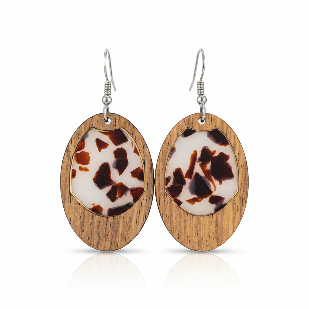 Brown Resin & Wood Silvertone Leopard Print Oval Hook Earrings
