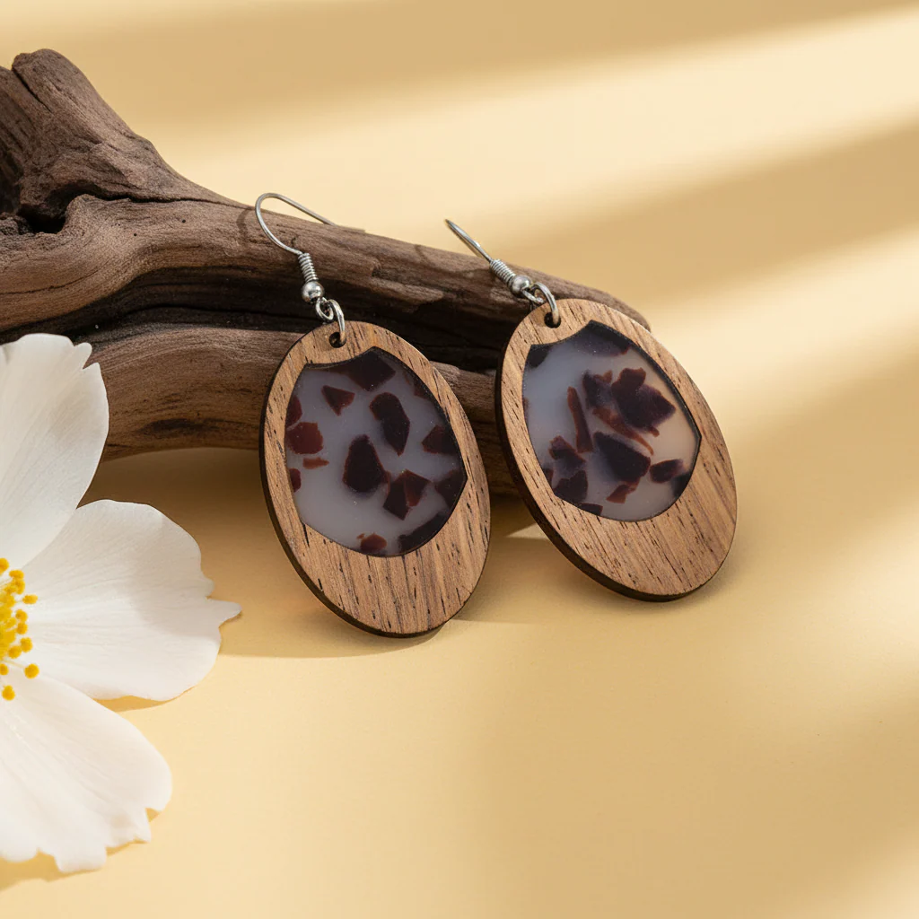 Brown Resin & Wood Silvertone Leopard Print Oval Hook Earrings - Image 3