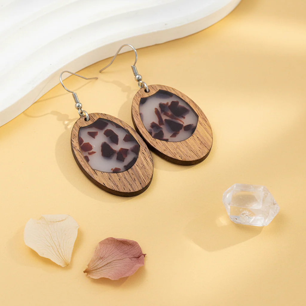 Brown Resin & Wood Silvertone Leopard Print Oval Hook Earrings - Image 4