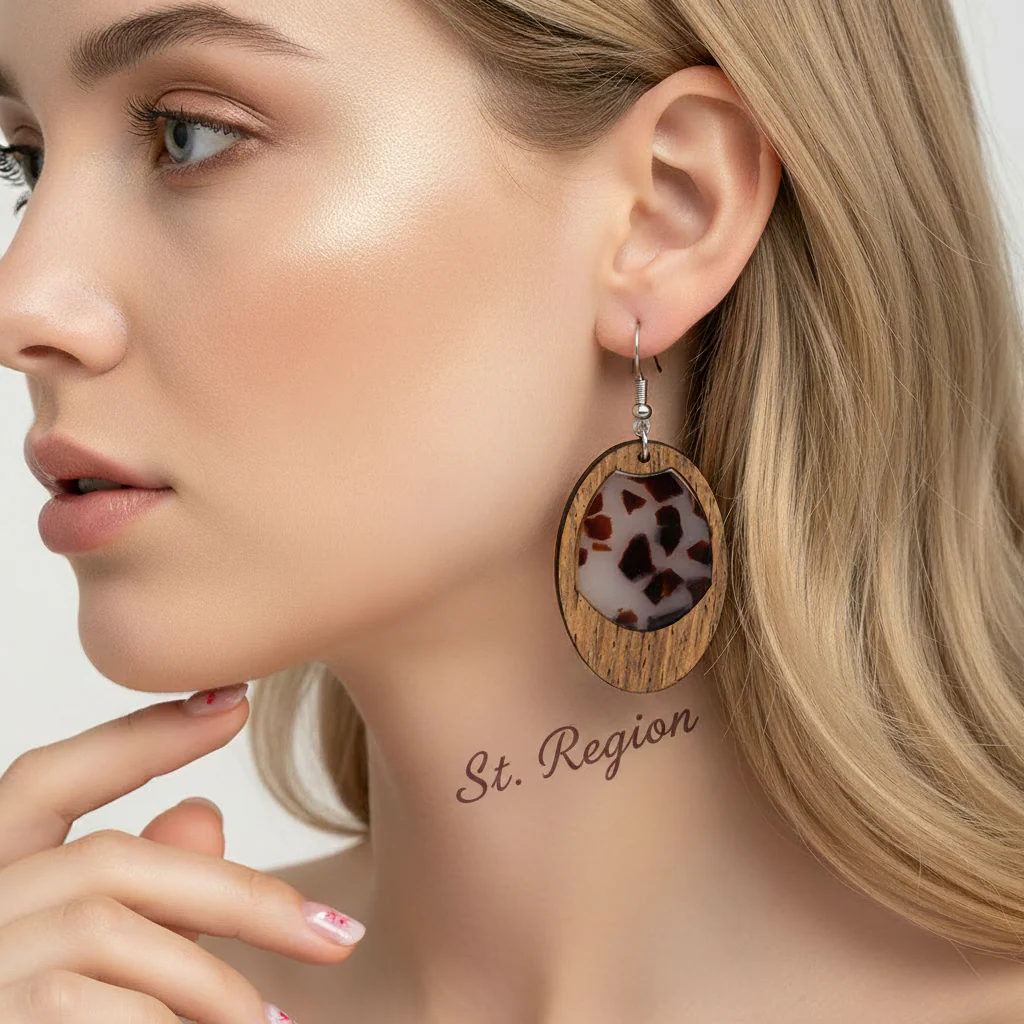 Brown Resin & Wood Silvertone Leopard Print Oval Hook Earrings - Image 5