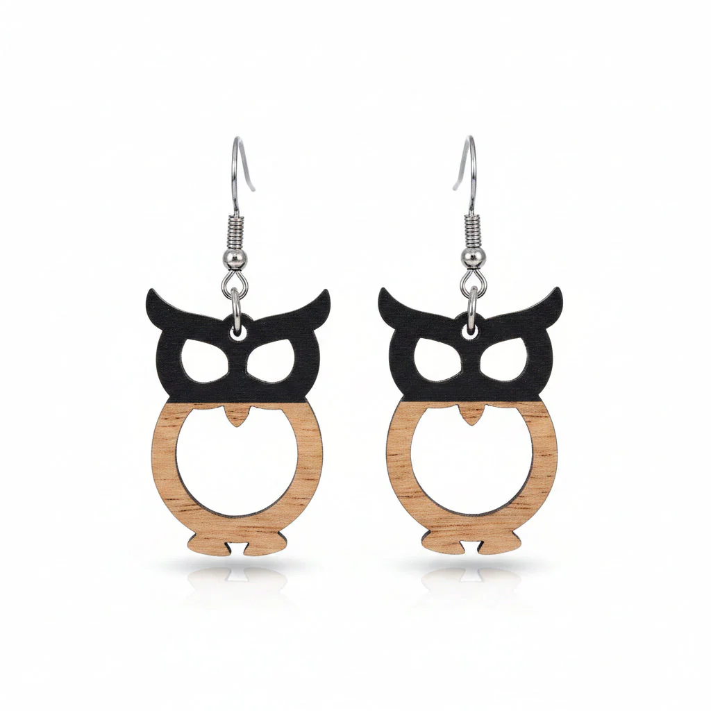 Black Resin & Wood Silvertone Owl Hook Earrings