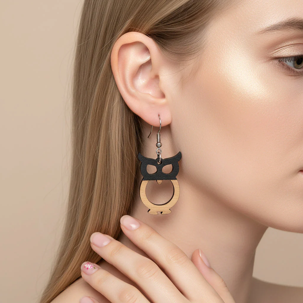 Black Resin & Wood Silvertone Owl Hook Earrings - Image 5