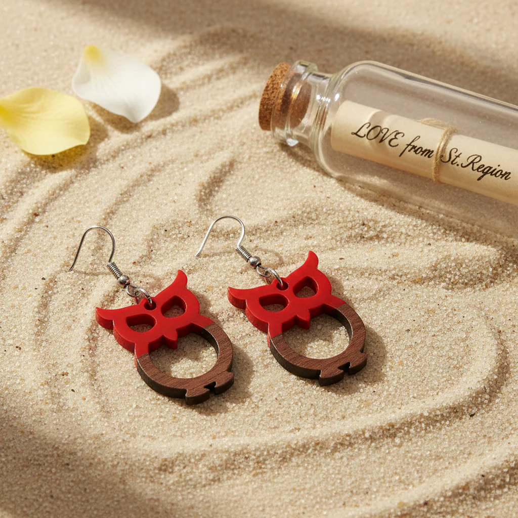 Red Resin & Wood Silvertone Owl Hook Earrings - Image 2