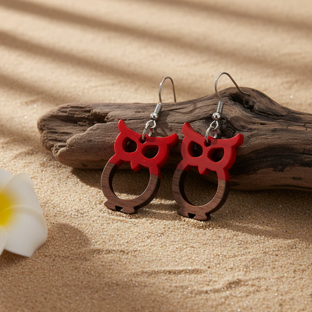 Red Resin & Wood Silvertone Owl Hook Earrings - Image 3