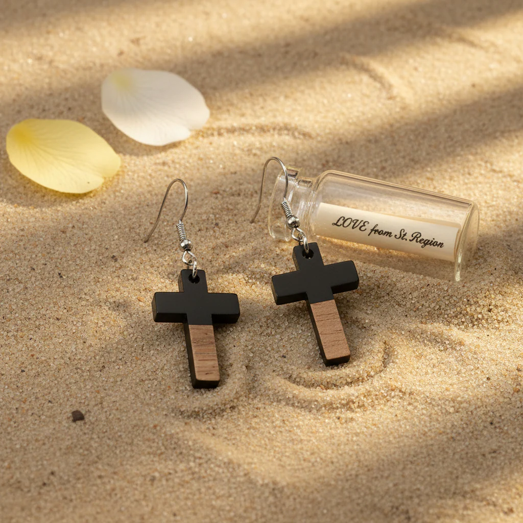 Black Resin & Wood Silvertone Cross Hook Earrings - Image 2