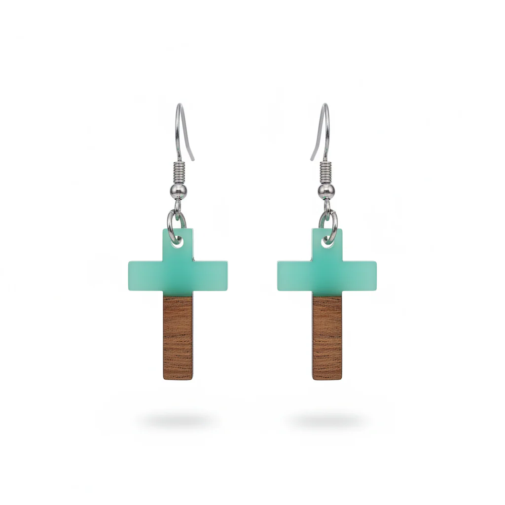 Green Resin & Wood Silvertone Cross Hook Earrings