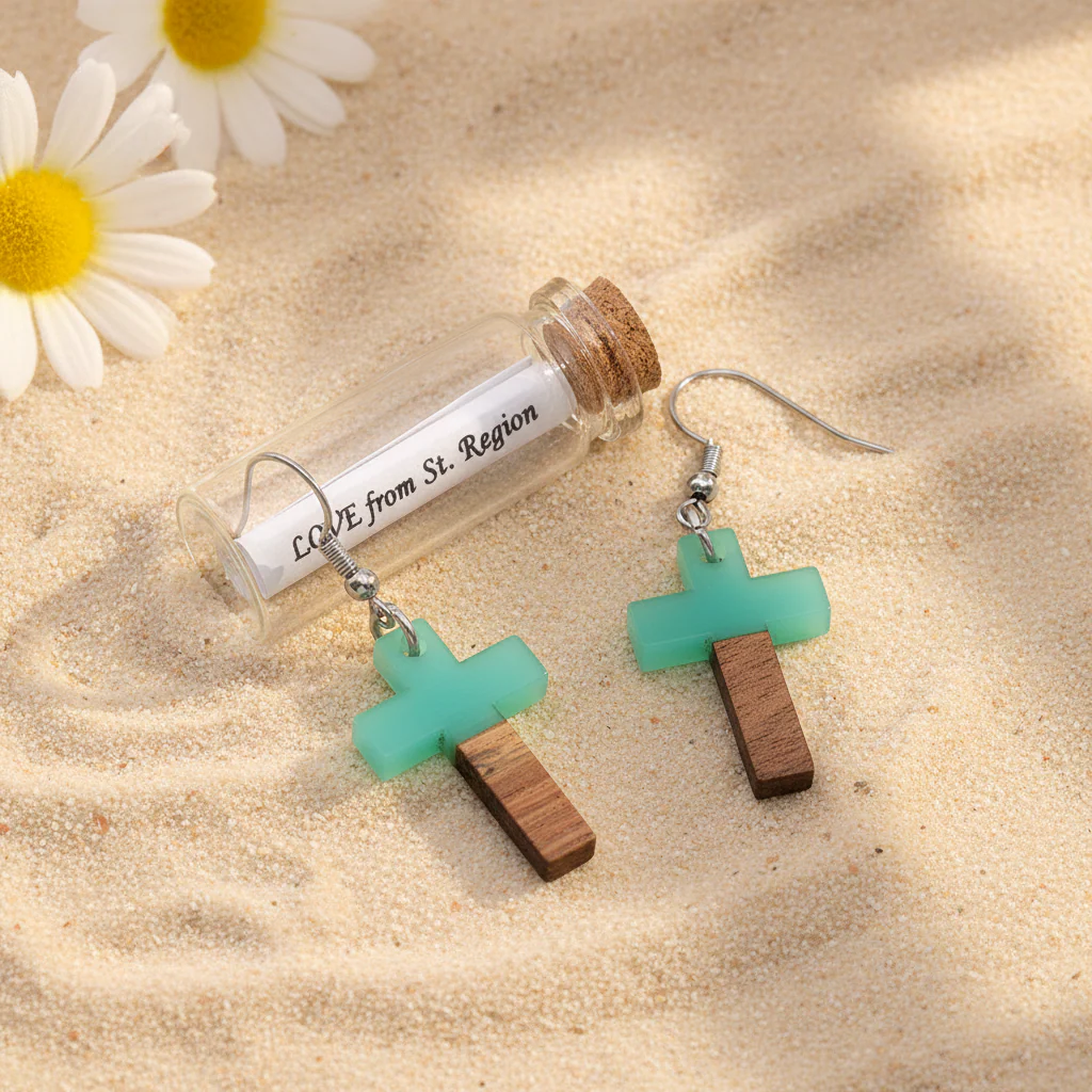 Green Resin & Wood Silvertone Cross Hook Earrings - Image 2