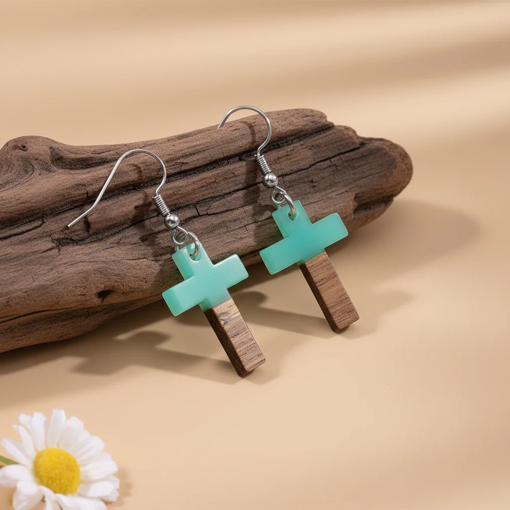 Green Resin & Wood Silvertone Cross Hook Earrings - Image 3