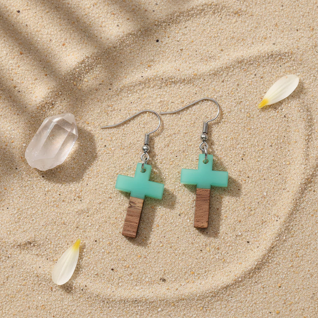 Green Resin & Wood Silvertone Cross Hook Earrings - Image 4