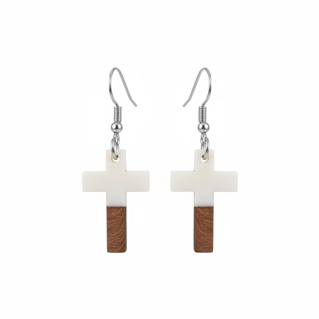 White Resin & Wood Silvertone Cross Hook Earrings