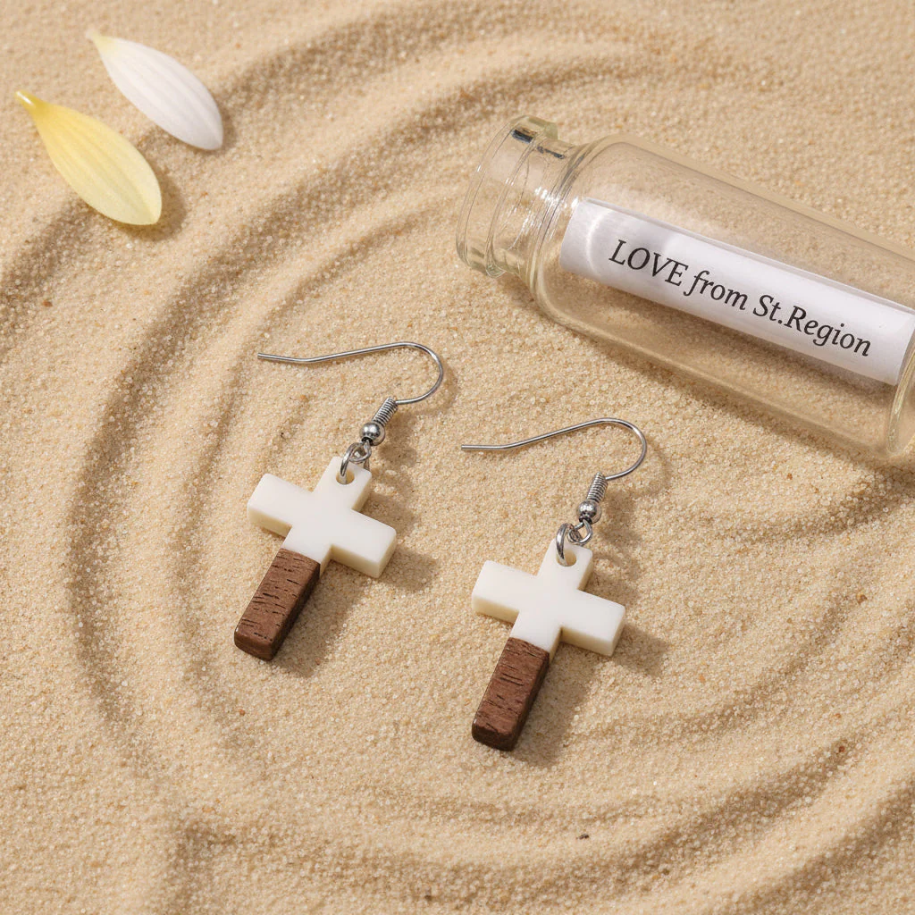 White Resin & Wood Silvertone Cross Hook Earrings - Image 2
