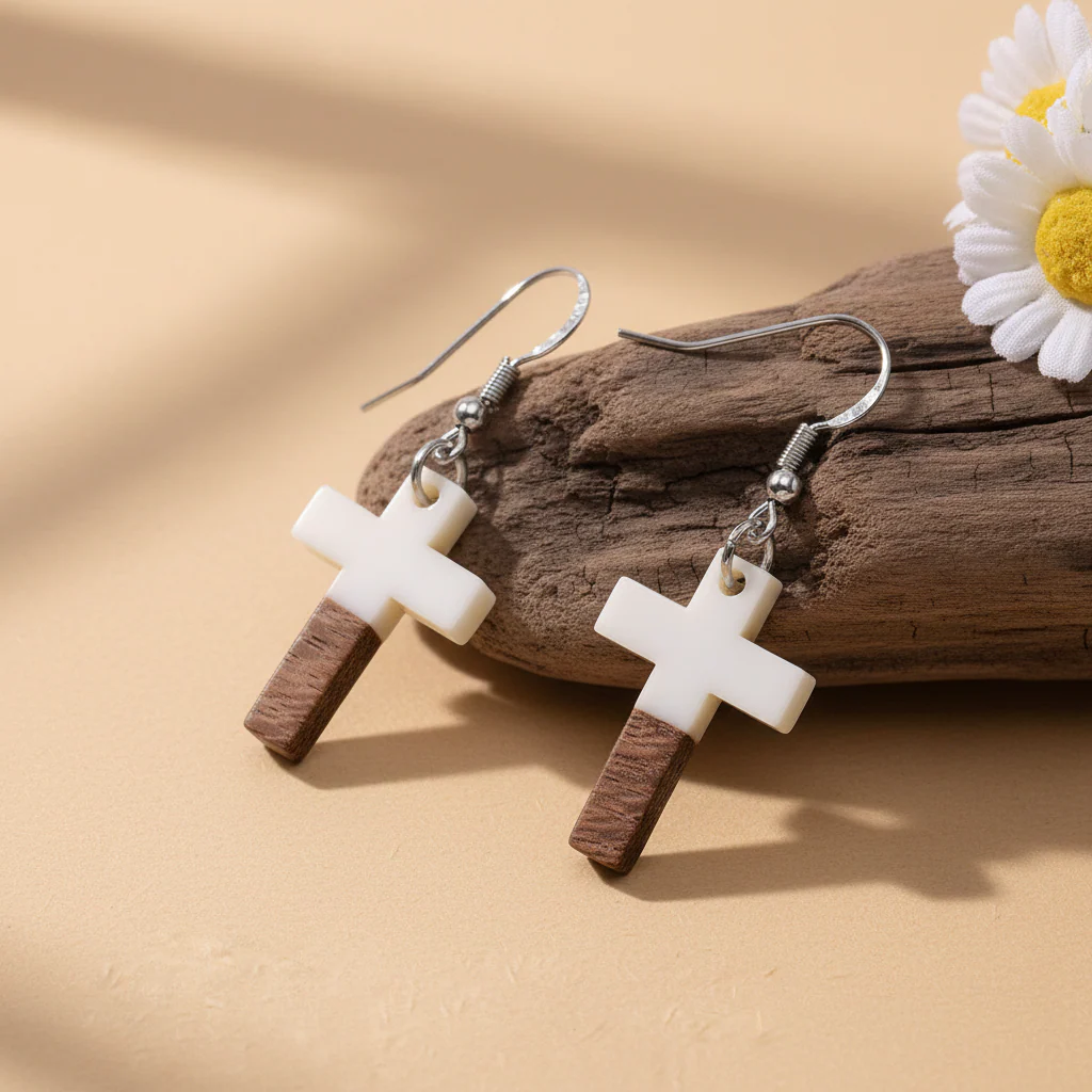 White Resin & Wood Silvertone Cross Hook Earrings - Image 3