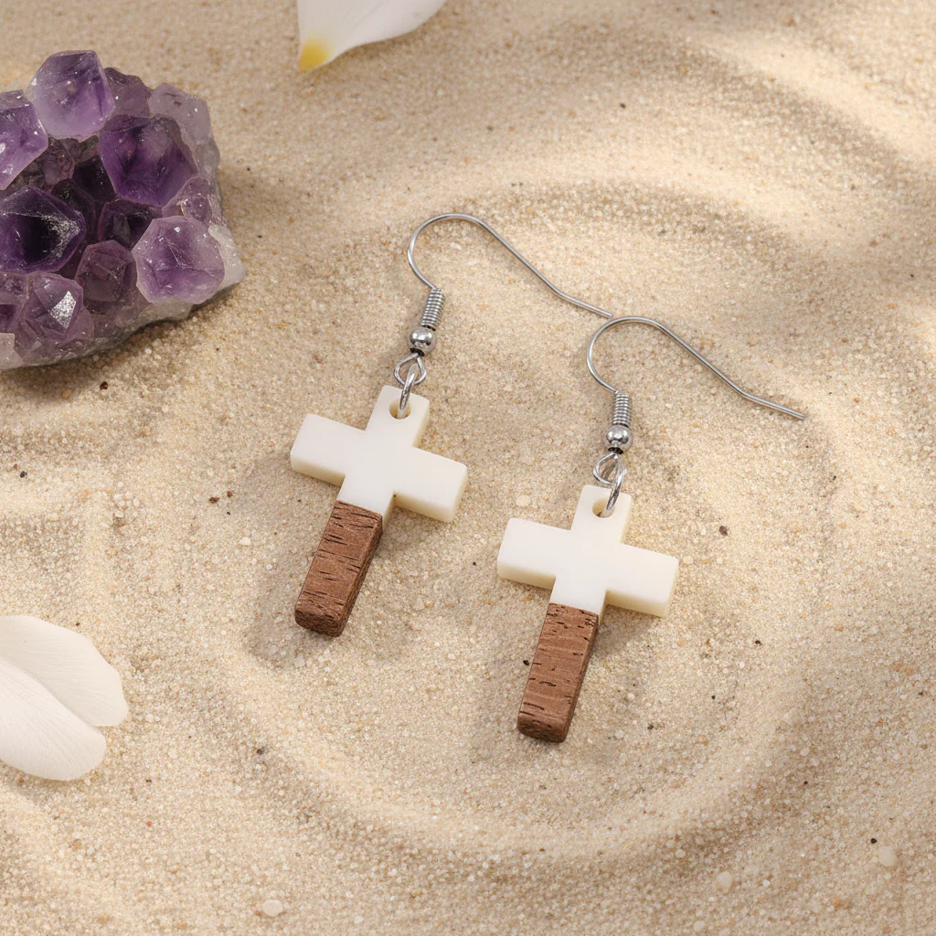 White Resin & Wood Silvertone Cross Hook Earrings - Image 4