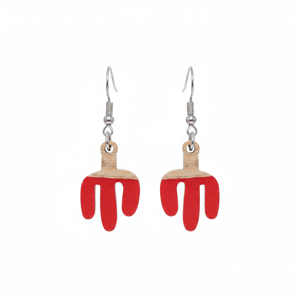Red Resin & Wood Silvertone Cactus Hook Earrings
