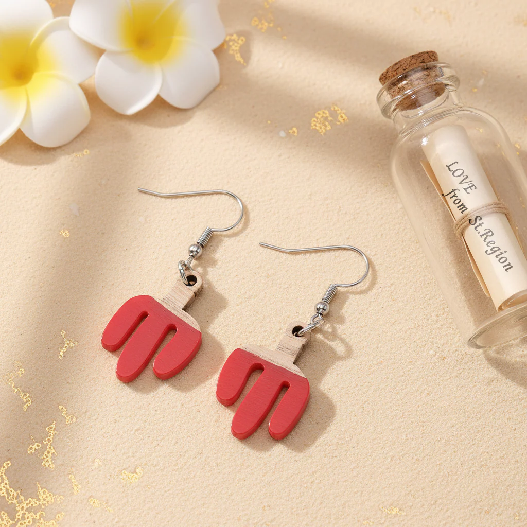 Red Resin & Wood Silvertone Cactus Hook Earrings - Image 2
