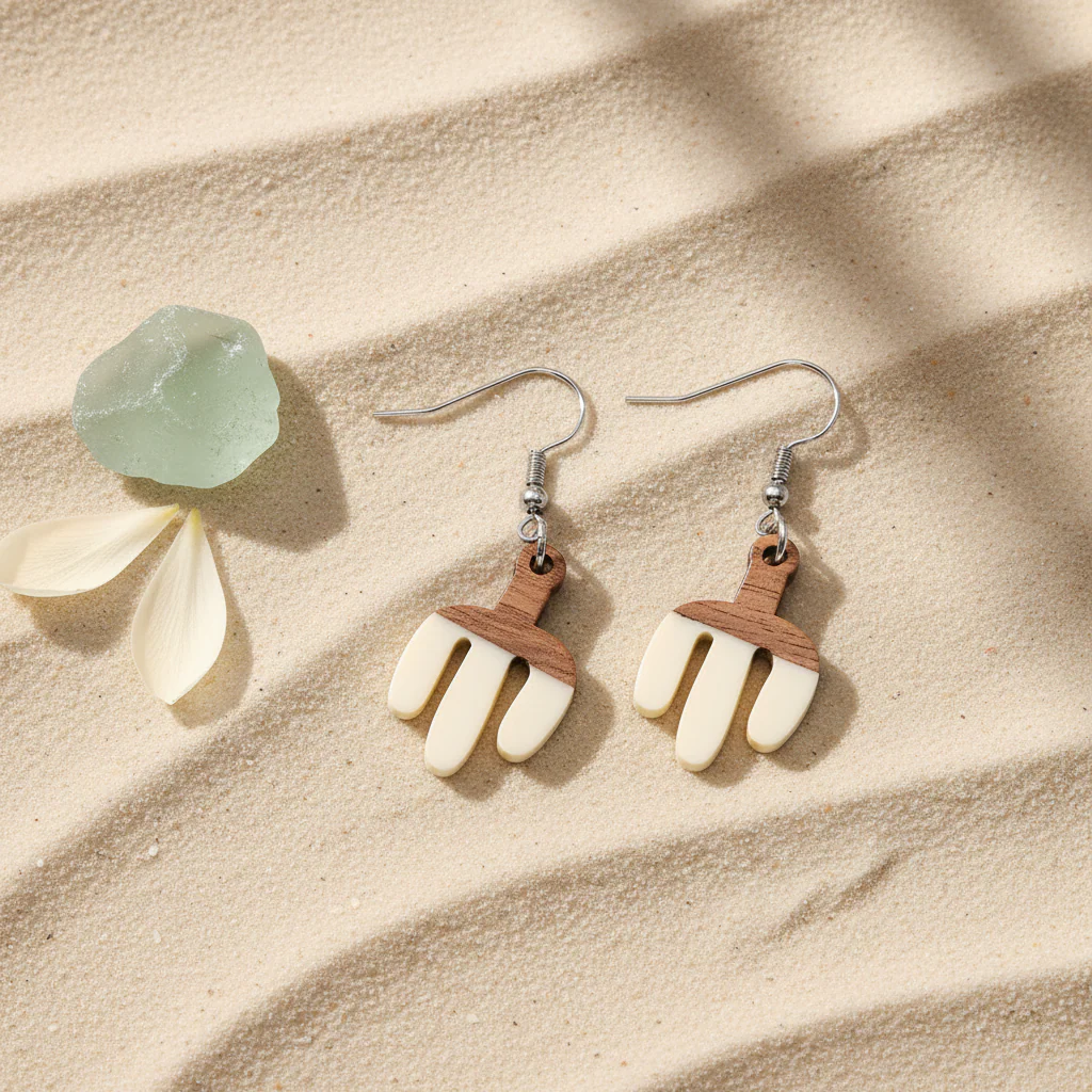 White Resin & Wood Silvertone Cactus Hook Earrings - Image 4