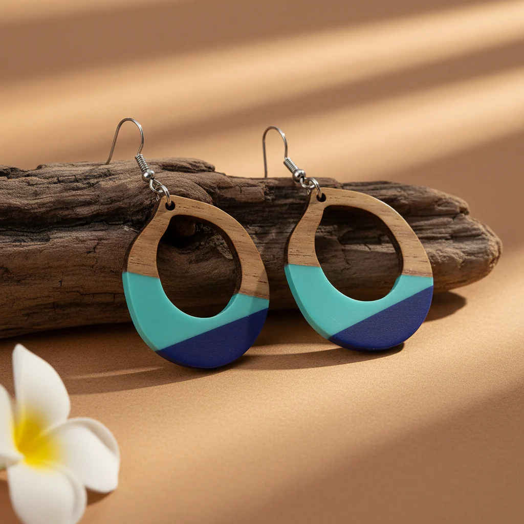Aqua Resin & Wood Silvertone Open Teardrop Hook Earrings - Image 3
