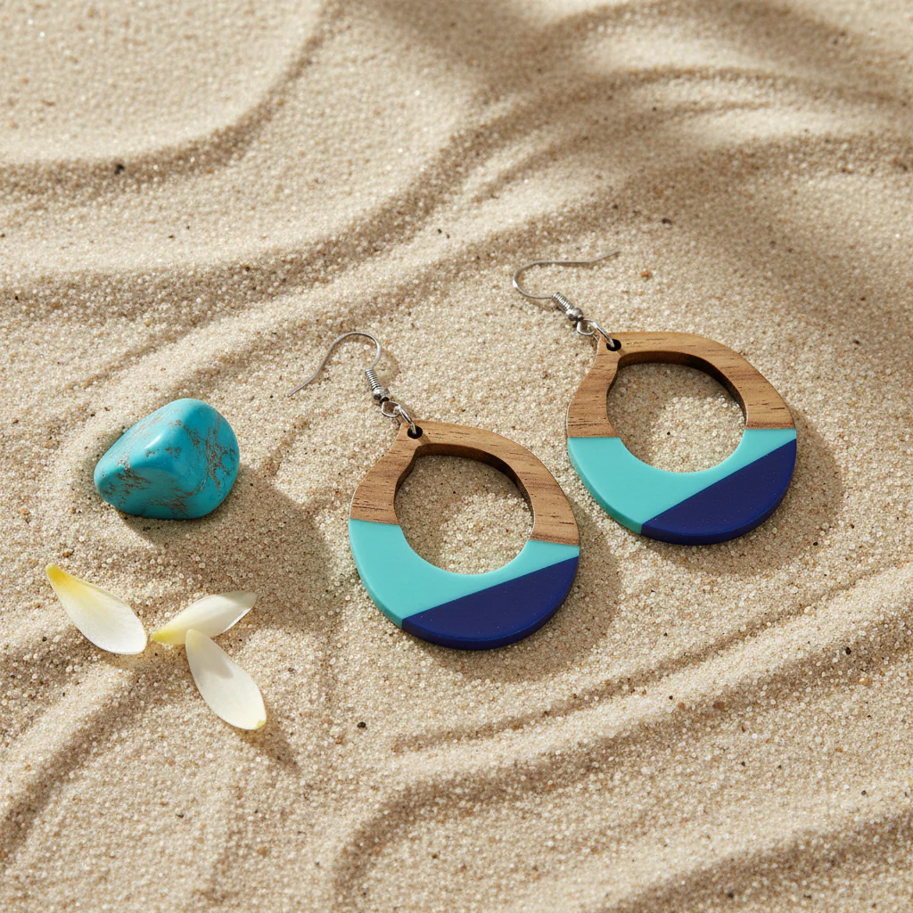 Aqua Resin & Wood Silvertone Open Teardrop Hook Earrings - Image 4
