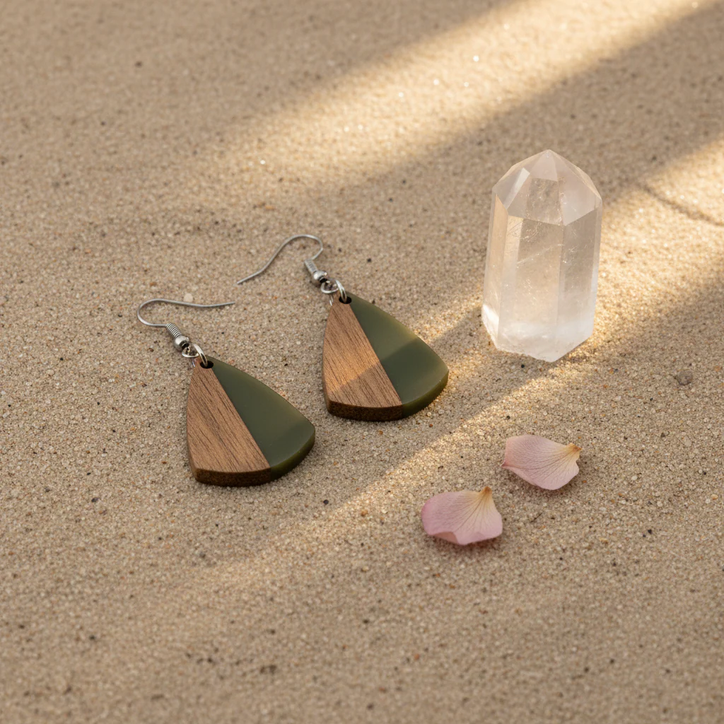 Green Resin & Wood Silvertone Shield Hook Earrings - Image 4