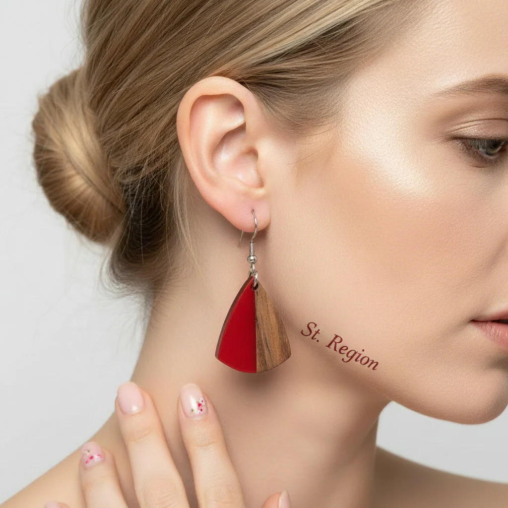 Red Resin & Wood Silvertone Shield Hook Earrings - Image 5