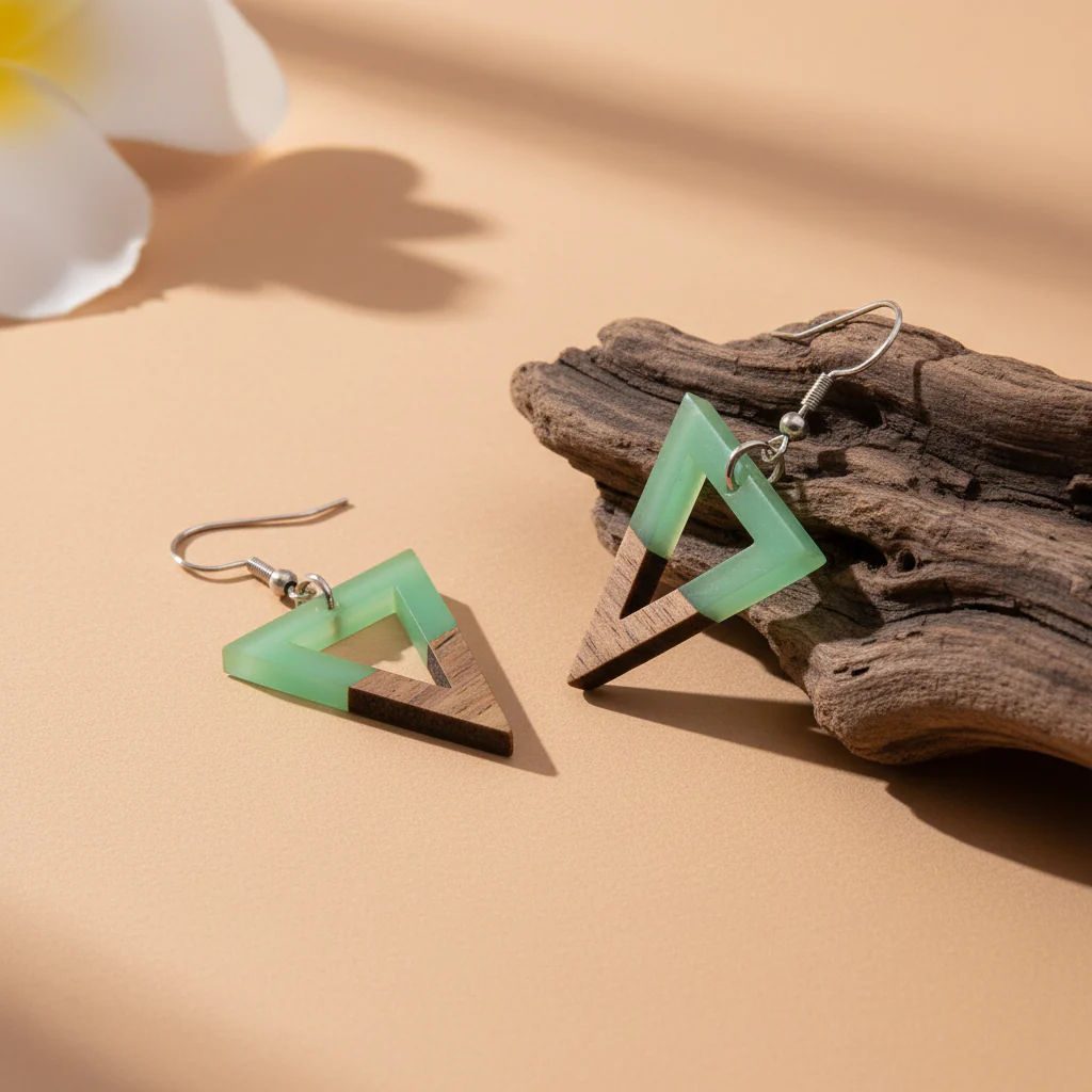 Green Resin & Wood Silvertone Open Triangle Hook Earrings - Image 3