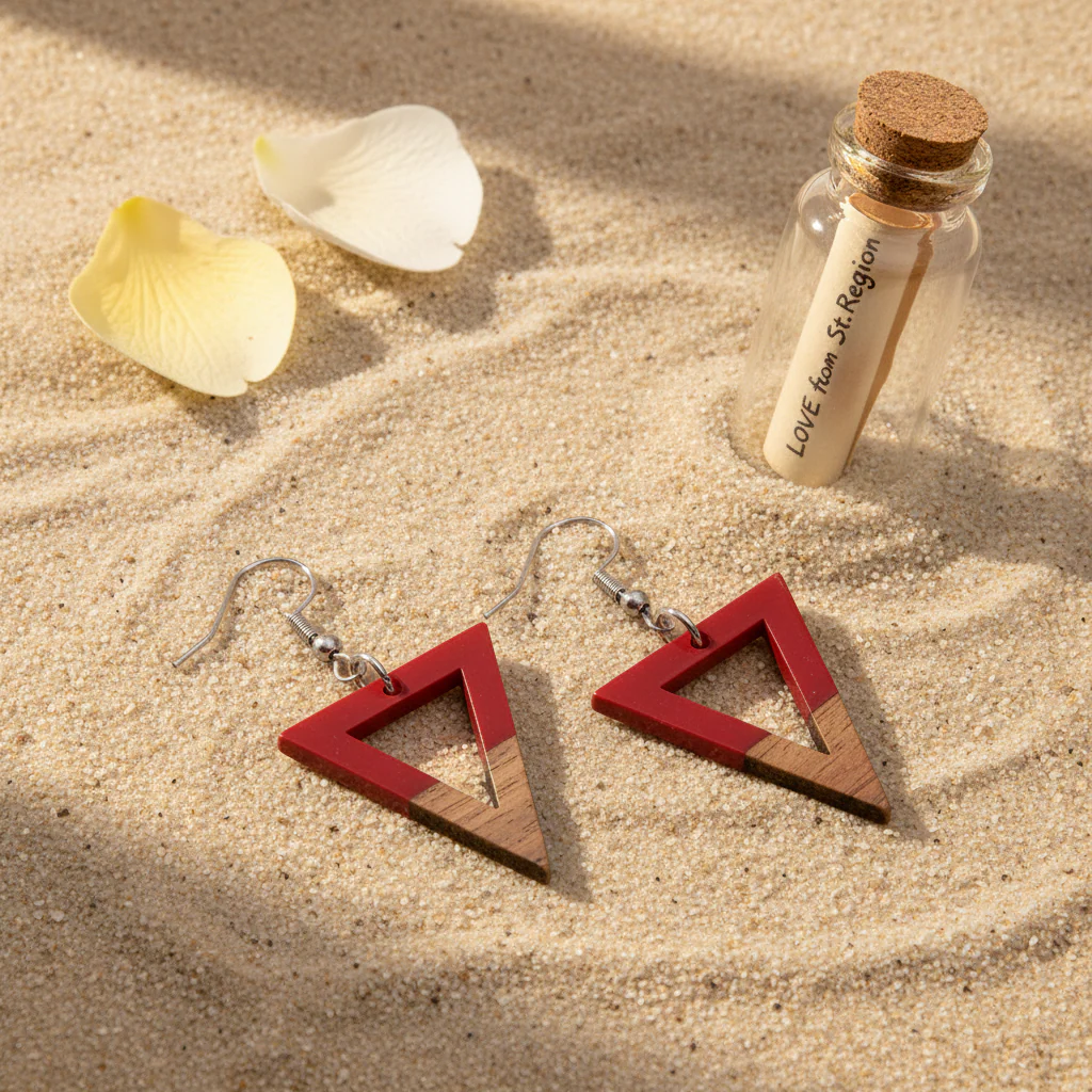 Red Resin & Wood Silvertone Open Triangle Hook Earrings - Image 2