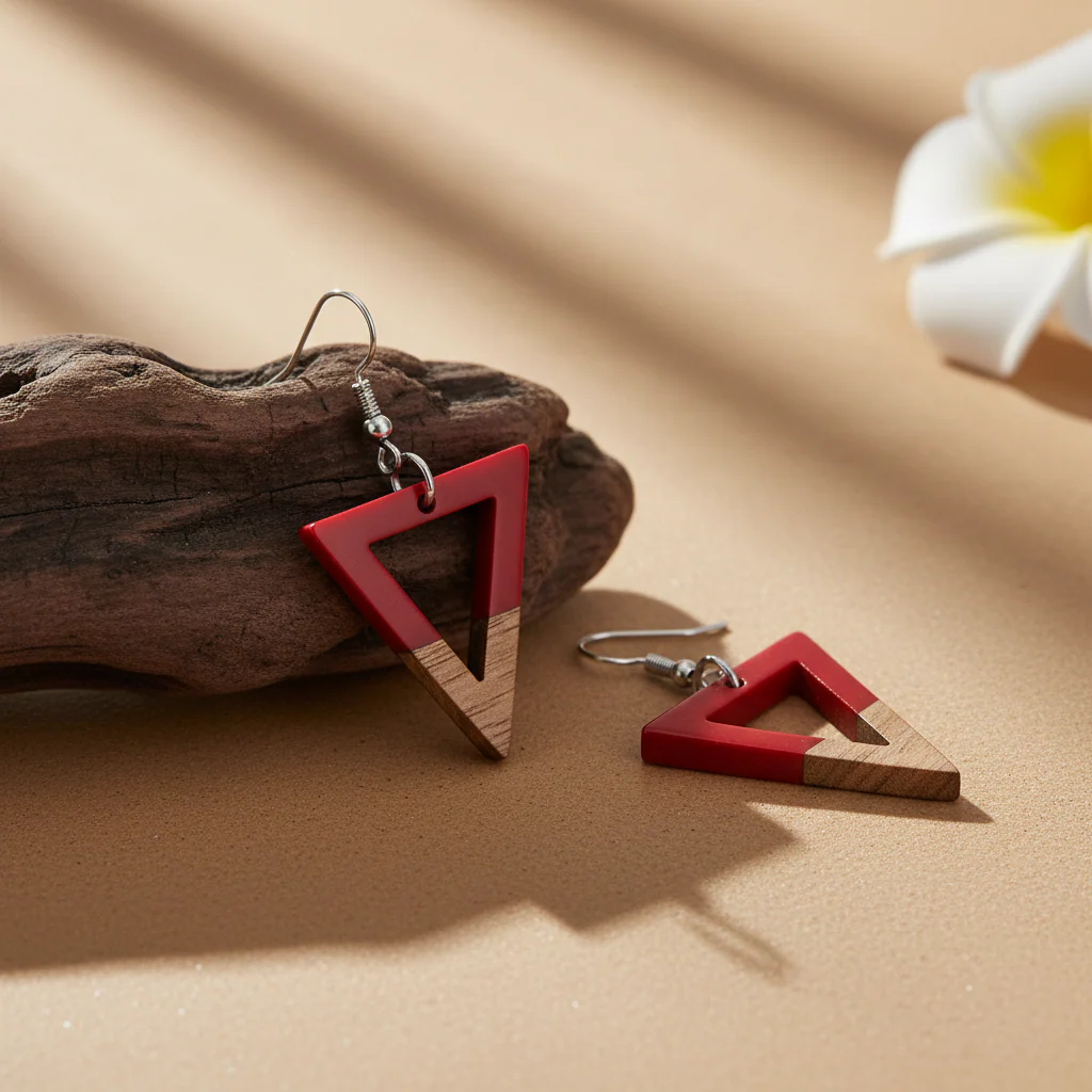 Red Resin & Wood Silvertone Open Triangle Hook Earrings - Image 3