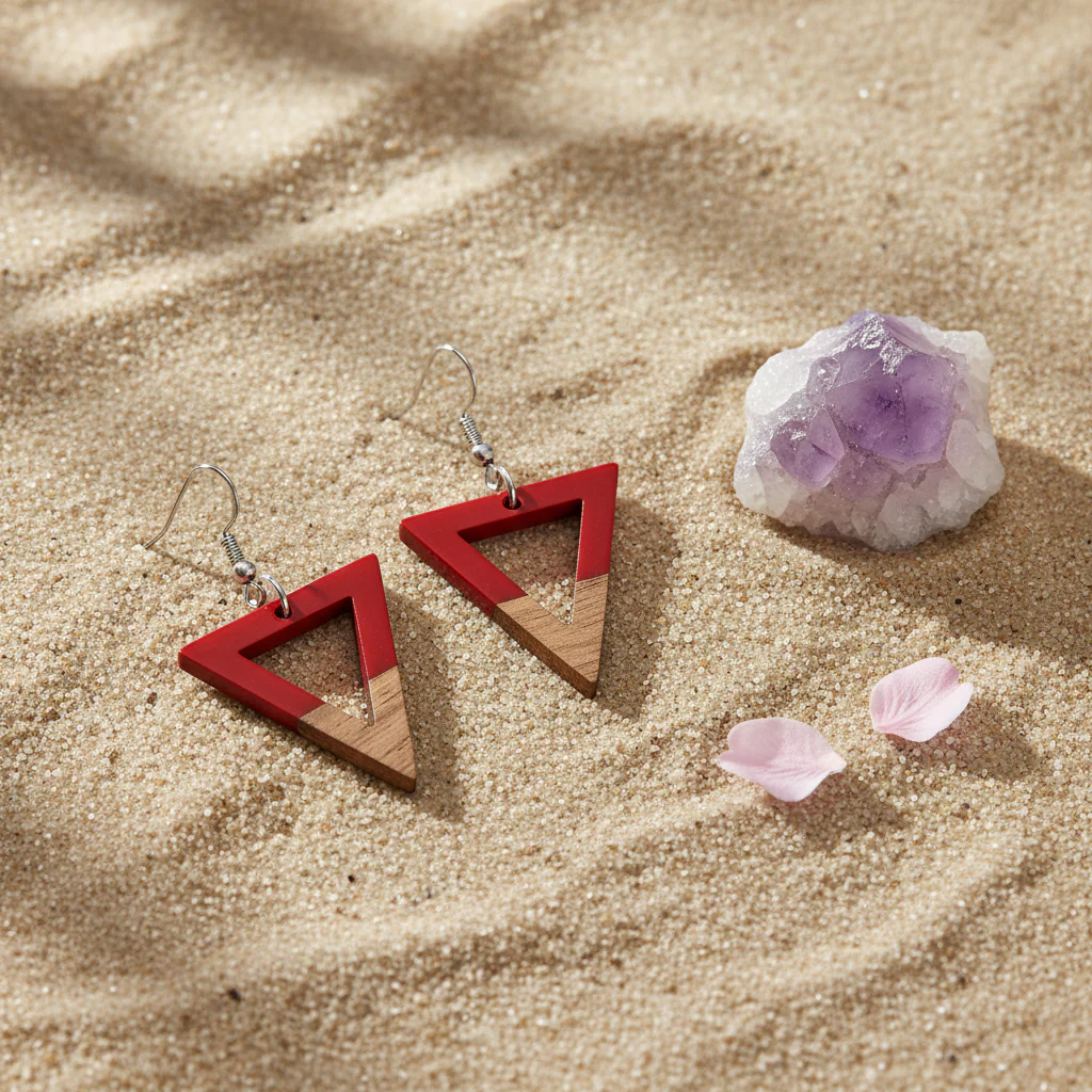 Red Resin & Wood Silvertone Open Triangle Hook Earrings - Image 4