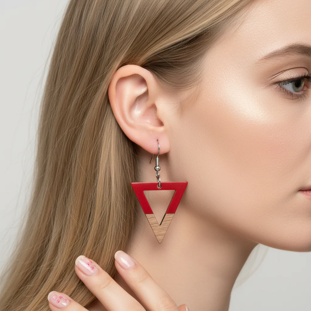 Red Resin & Wood Silvertone Open Triangle Hook Earrings - Image 5