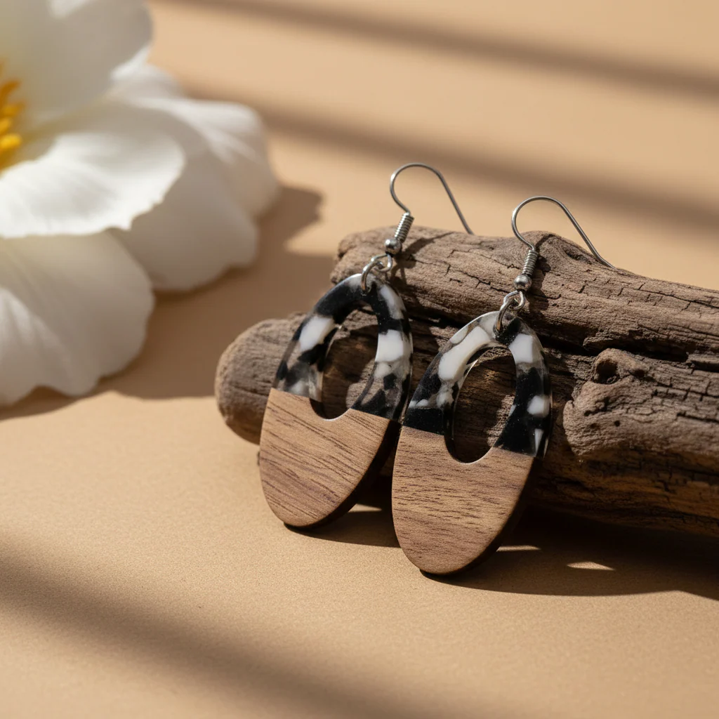 Black Resin & Wood Silvertone Open Oval Hook Earrings - Image 3