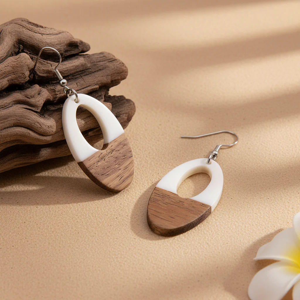 White Resin & Wood Silvertone Open Oval Hook Earrings - Image 3
