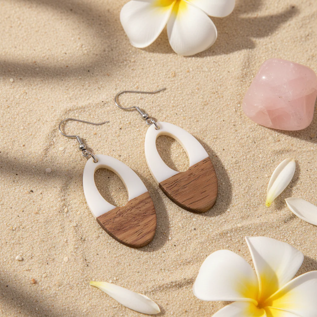 White Resin & Wood Silvertone Open Oval Hook Earrings - Image 4